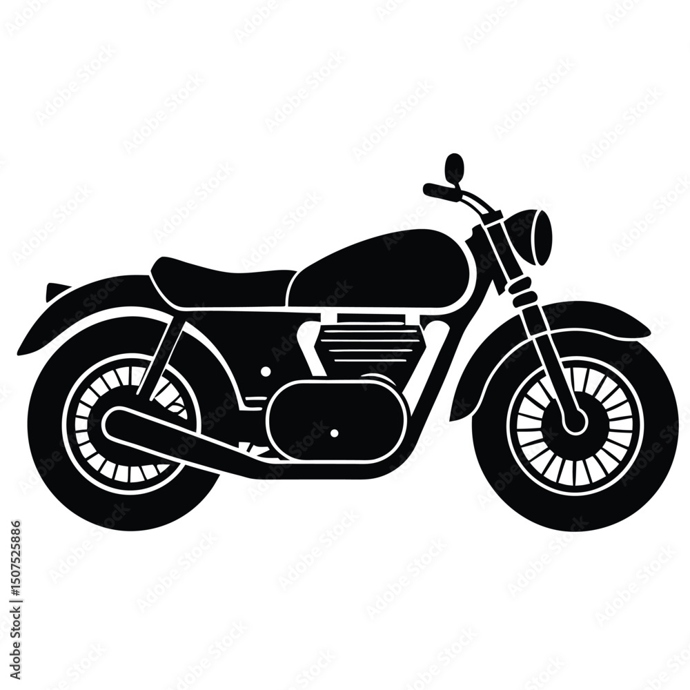 Fototapeta premium Solid Black Motorcycle Illustration Classic Design, Wheels, Seat, Handlebars, and Headlight on White Background