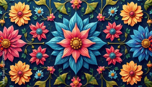 Intricate floral textile design, repeating motif , illustration, ornate, digital