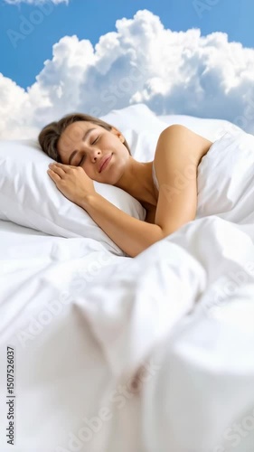Woman peacefully sleeping in bed with a fluffy white comforter under a blue sky and clouds in a vertical shot.
