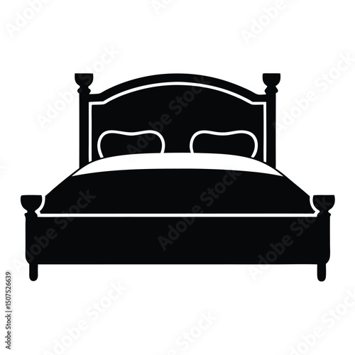 Stylized Black Bed Silhouette with Pillows and Headboard Design Illustration
