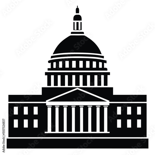Stylized Silhouette of United States Capitol Building with Dome and Columns Depicted in Black