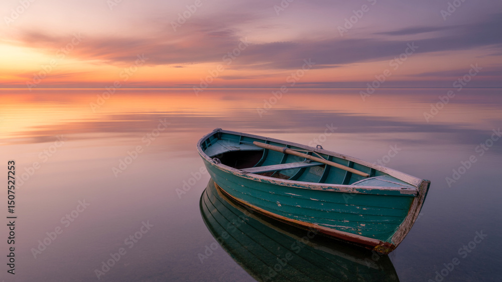Naklejka premium Tranquil scene of a turquoise boat floating on calm water at sunset