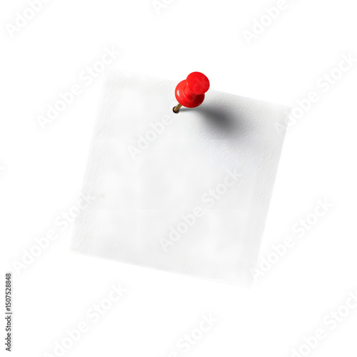 white sticky post it note with red pushpin isolated on a transparent background