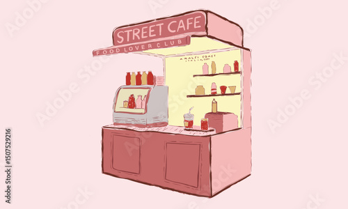 Vintage hand sketch. Street cafe graphic print design for t shirt, apparel, posters, background and others.	 Street cafe abstract art design. Best food in Europe. 