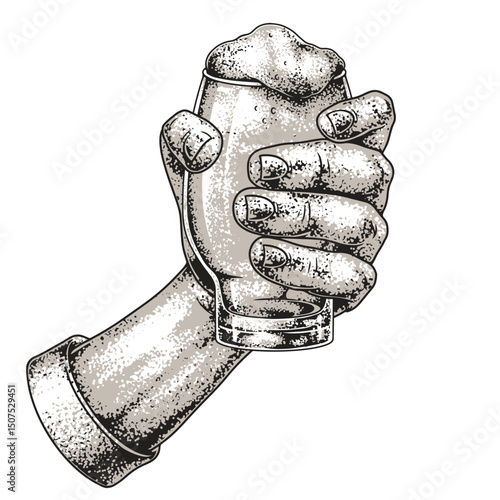 Hand holding a glass of beer with frothy top