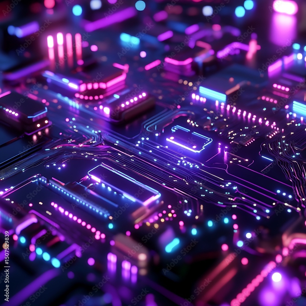Fototapeta premium Close-up view of intricate circuit board design with vibrant neon lighting.