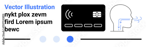 Credit card with contactless payment icon and human head profile with airflow arrows. Ideal for payment technology, digital security, innovation, e-commerce, modern finance, data transfer, simple