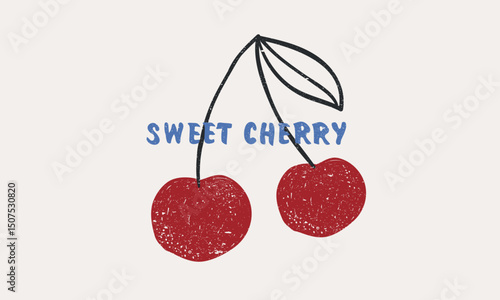 Sweet cherry artwork. Cherry fruit print. Organic food artwork for for t-shirt. Fruit vintage t-shirt design. Start fresh day. Have a nice day.