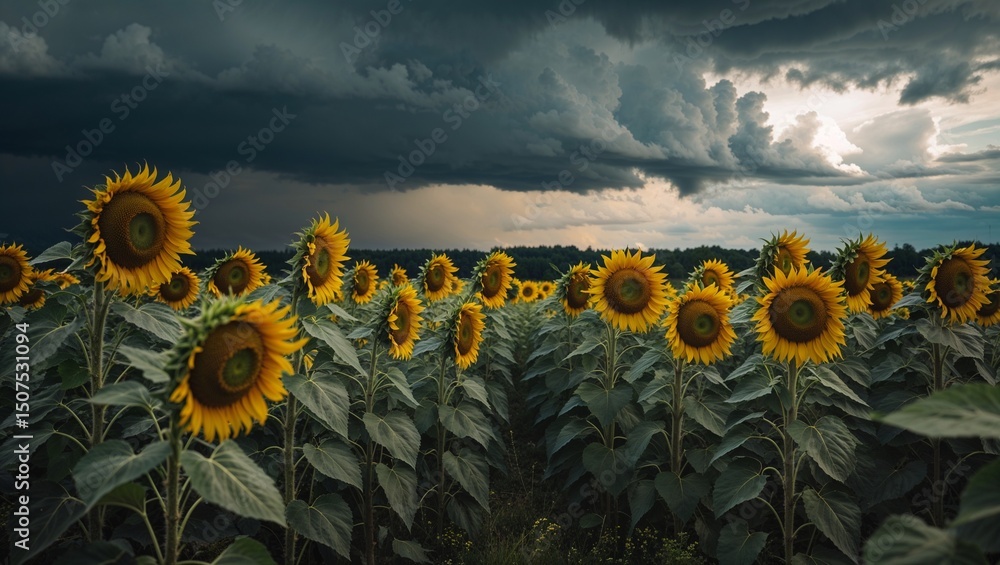 Obraz premium Generative AI-generated illustration: Sunflower Field Under Dramatic Sky