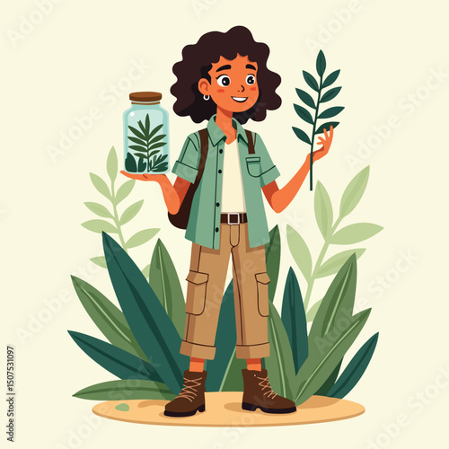 Black Female Botanist Researching Plants in the Jungle