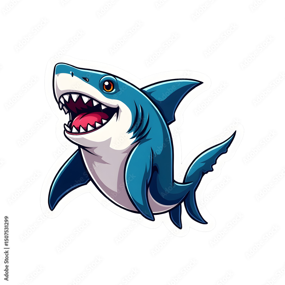 A cheerful cartoon shark sticker, rendered in a delightful illustration style, swims with a bright, toothy grin. A vibrant ocean theme for children and design. A cheerful cartoon shark sticker, rendered in a delightful illustration style, swims with a bright, toothy grin. A vibrant ocean theme for children and design.