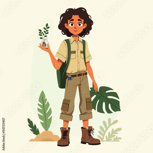 Female Explorer Holding Leaf Sample During Field Study