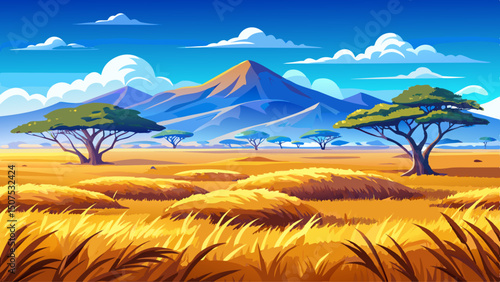 A vast golden savanna stretches endlessly beneath a brilliant blue sky, its tall grasses swaying gently in the breeze, with majestic mountains rising in the far distance, completing the breathtaking l