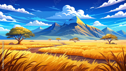 A vast golden savanna stretches endlessly beneath a brilliant blue sky, its tall grasses swaying gently in the breeze, with majestic mountains rising in the far distance, completing the breathtaking l