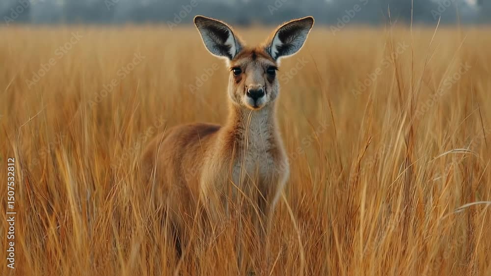 Young Kangaroo in Golden Grassland Young Kangaroo in Golden Grassland