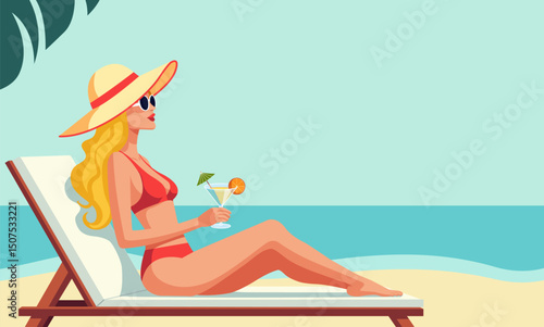 A stylish woman lounges on a sunbed at the beach, enjoying a refreshing cocktail. She wears a vibrant red swimsuit and a large sun hat, epitomizing summer leisure. 
