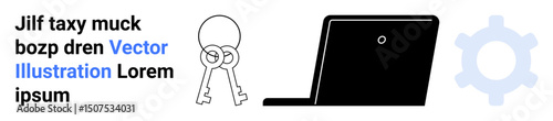 Laptop, keyring with two keys, and gear shape. Ideal for security, technology, accessibility, coding privacy business tools simple landing page. Line metaphor. Simple line icons