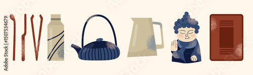 Asian tea ceremony utensils teapot, bowls, whisk, spoon, tray, and Buddha statue isolated on background. Flat vector illustration in decorative modern style. Tea culture and mindfulness concept