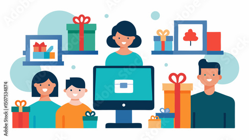 Family Focus A cozy scene depicting a shopper with family photo frames around as they browse for family gifts showcasing a computer overflowing with gift ideas.