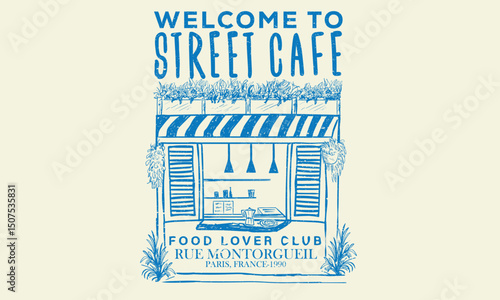 Welcome street cafe abstract art design. Street cafe graphic print design for t shirt, apparel, posters, background and others.