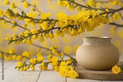 Wallpaper Mural Yellow winter jasmine blooms in earthenware vase Torontodigital.ca