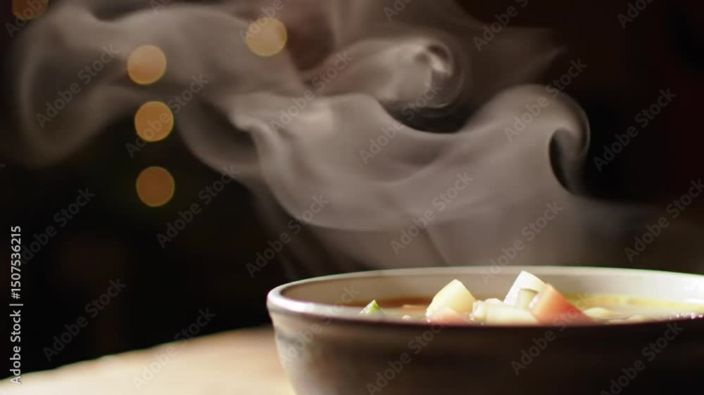 Hot Soup with Rising Steam A warm bowl of soup with visible steam ...
