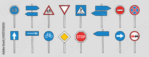 Road signs with up, down, left, right doodle hand drawn icon set. Outline drawing road signs line clipart symbol collection
