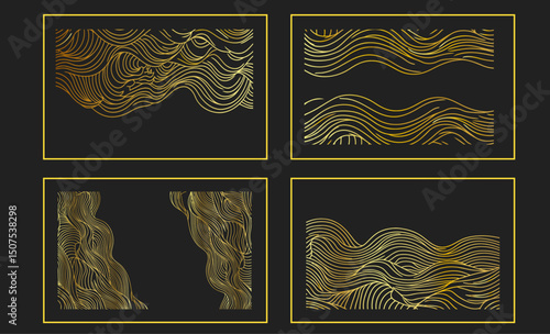 Abstract wave golden line vector patterns set. Art deco fancy art posters and japanese luxury graphic design. For wine package and wedding invitation