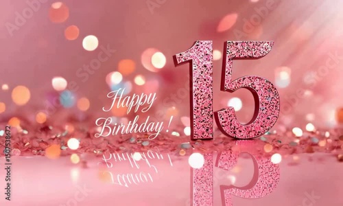 Sparkling Pink Glitter Number 15 with Happy Birthday Message for Glamorous Sweet Fifteen Video