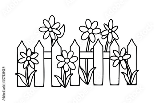 Simple black and white illustration of flowers blooming behind a picket fence