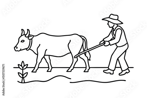 Farmer ploughing a field with an ox drawn plough illustrated agriculture concept