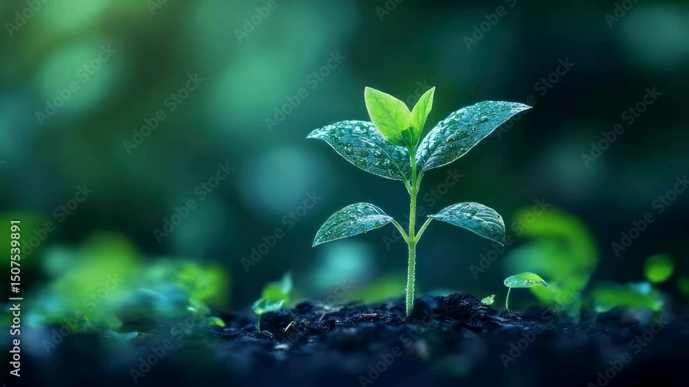 New Life A Single Seedling Emerging in a Lush Green Environment New Life A Single Seedling Emerging in a Lush Green Environment
