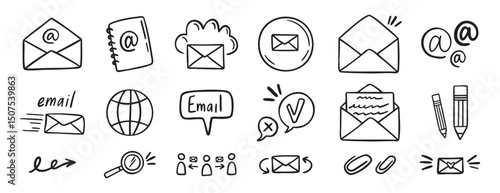 mail and email icon doodle hand drawn set. Outline drawing mail and email line clipart symbol collection