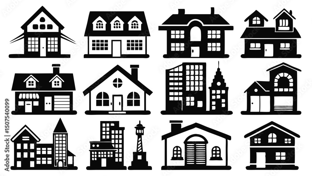 Collection Of Stylish House And Building Icons Collection Of Stylish House And Building Icons