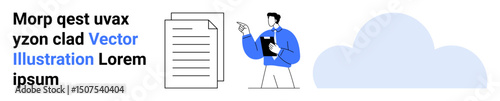 Man holding clipboard, pointing at documents alongside blue cloud. Ideal for data storage, business planning, office presentations, teamwork, cloud computing, document management, simple landing page