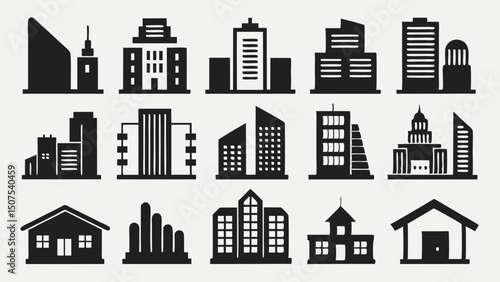 Minimalist Collection Of Black House And Skyscraper Icons