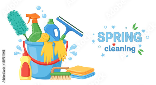 Vector assortment of household tools and supplies for spring cleaning in a bucket with towels nearby on transparent background