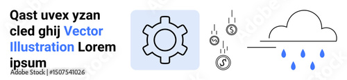 Gear icon alongside falling coins and a rain cloud with droplets. Ideal for finance, workflow optimization, system management, challenges, money management, productivity, and simple landing page