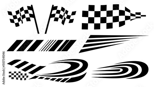 Vector collection of checkered racing flags and stylized speed lines graphic elements vector illustration on transparent background