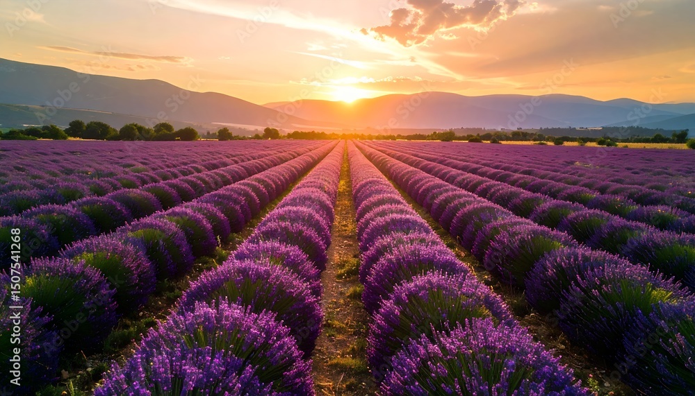 Aerial view of endless lavender field at sunset, soft purple hues Aerial view of endless lavender field at sunset, soft purple hues