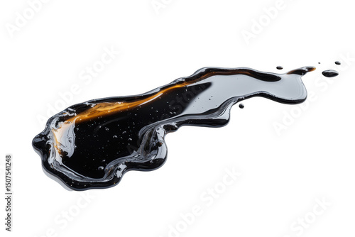 Black liquid spill with gold sheen on white background on transparent background