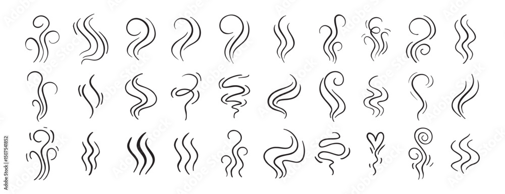 Obraz premium Fire steam or Line smoke doodle hand drawn set. smell waves from food or coffee and beverages sketch style.