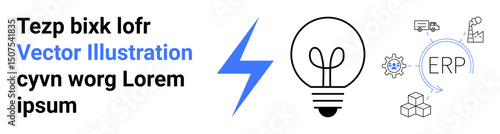Light bulb with logistics symbols, ERP interface elements, and a lightning icon. Ideal for innovation, logistics, ERP systems, energy solutions, technology, business strategies simple landing page