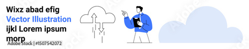 Man pointing towards cloud computing concept with arrows showing data exchange, stylized minimalistic cloud icons. Ideal for technology, communication, cloud computing, innovation, digital platforms
