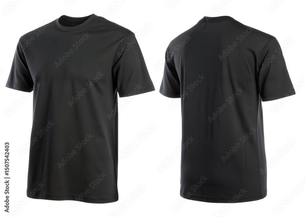 Naklejka premium Black T-shirt Mockup Front and Back View Blank Apparel Template for Design Isolated White Background 