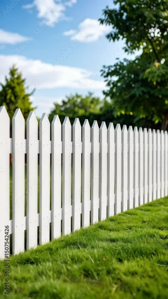 Residential white picket fence bordering verdant lawn under partly cloudy sky creating a idyllic suburban landscape outdoors during the daytime Residential white picket fence bordering verdant lawn under partly cloudy sky creating a idyllic suburban landscape outdoors during the daytime