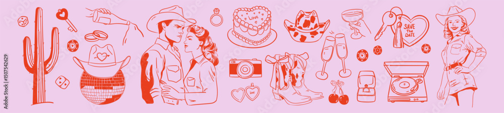 Obraz premium Disco Vegas Wedding Collection. Hand drawn romantic drawing Just married couple, cowboy hat, boots, disco ball, casino illustration. Girly cowgirl doodle style. Western party sketch.