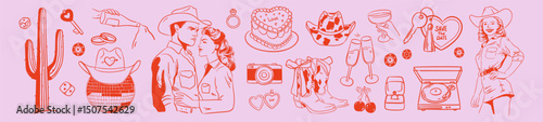 Disco Vegas Wedding Collection. Hand drawn romantic drawing Just married couple, cowboy hat, boots, disco ball, casino illustration. Girly cowgirl doodle style. Western party sketch.