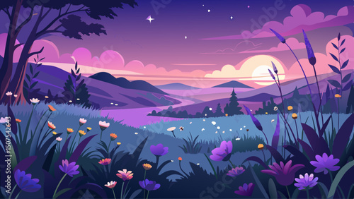 Soft purple hues of dusk gently blanket the tranquil meadow, where wildflowers sway in the evening breeze and a warm, peaceful glow settles over the serene natural landscape.