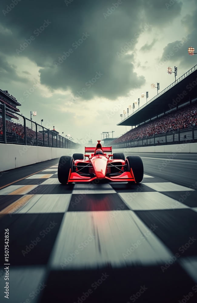 Naklejka premium Red race car speeds down race track, checkered finish line. Indy car racing with crowds in stands. Auto sport action, fast speed competition, motor racing event.